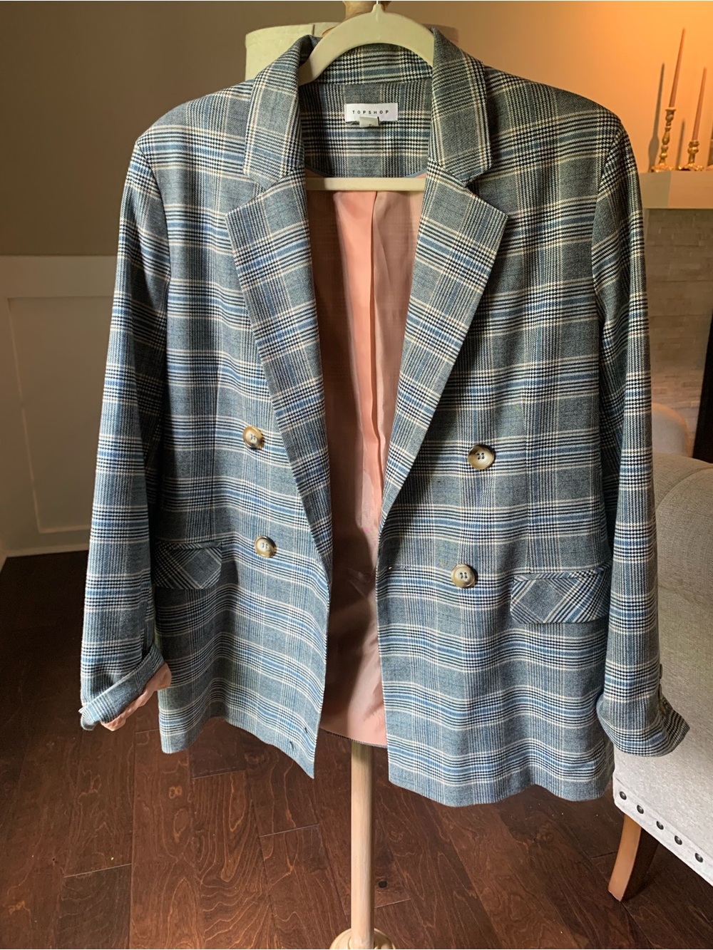 Topshop Blue and Gray Plaid Double-Breasted Blazer